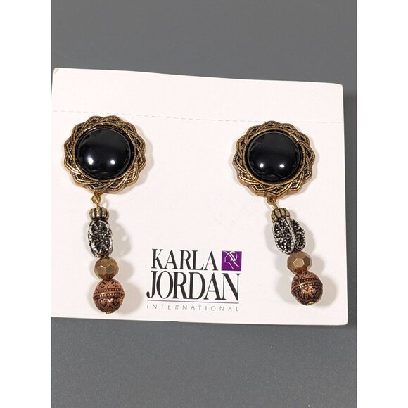 Vintage Karla Jordan Black Onyx Brass Copper Stacked Bead Dangle Pierced Earring - Picture 4 of 7